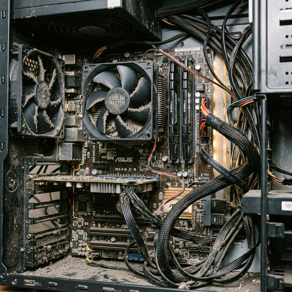 PC antigo poeirento e com cabos desorganizados